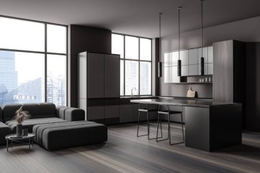 Karanlık modern stüdyo içi kanepe, yan manzaralı bar adası sandalyeli ve raflı yemek köşesi. Gökdelenlerin panoramik penceresi. 3B görüntüleme