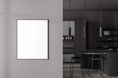 Bar tezgahı ve ahşap zeminde sandalyeleri olan karanlık bir mutfak. Rafları, mutfak gereçleri ve dekorasyonu olan yemek pişirme alanı. Tuvalin posterini hazırla. 3B görüntüleme