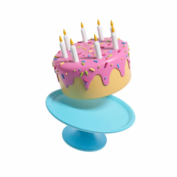 白地にキャンドルとブルーのスタンドでフルケーキを飛んでいます パーティーやお祝いの概念 3Dレンダリング — ストック写真