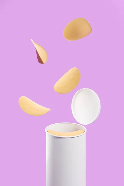 White Empty Can Falling Potato Chips Purple Background Concept Snack — Photo