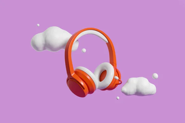 紫色の背景に赤いワイヤレスヘッドフォン雲 音楽と雰囲気の概念 3Dレンダリング — ストック写真