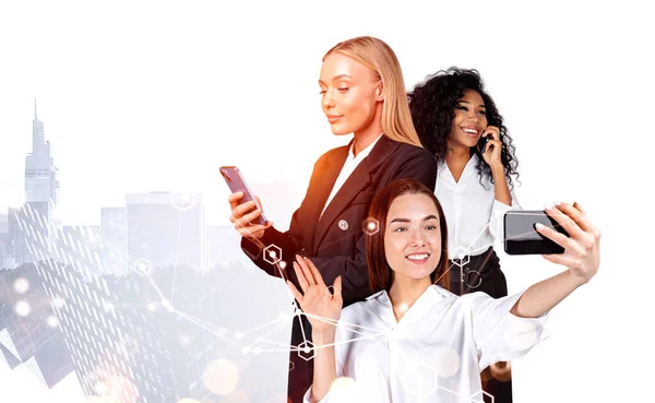 Businesswomen Work Together Having Online Conference Call Talking Creative Idea — Foto Stock