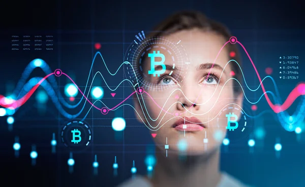Businesswoman Looking Virtual Screen Cryptocurrency Analysis Bitcoin Icon Candlesticks Lines — Stockfoto