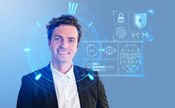 Handsome Businessman Digital Biometric Scanning Data Analysis Face Detection Personal — Fotografia de Stock