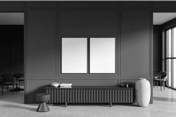 Dark Living Room Interior Sideboard Grey Concrete Floor Dining Table —  Fotos de Stock