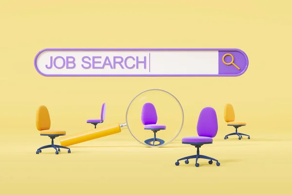 Job search written in a web bar, magnifying glass zoom in office armchair. Concept of vacancy and job finding. 3D rendering