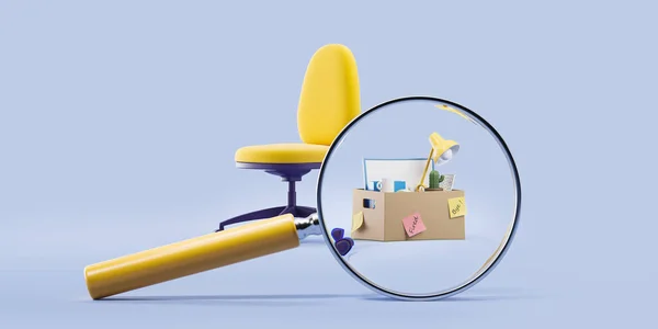 Желтое Офисное Кресло Увеличительным Стеклом Картонной Коробке Канцелярскими Принадлежностями Служебными — стоковое фото