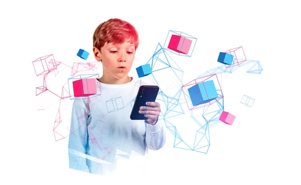 Boy Wearing Casual Wear Holding Smartphone Watching Metaverse Reality Blockchain — Stock Photo, Image