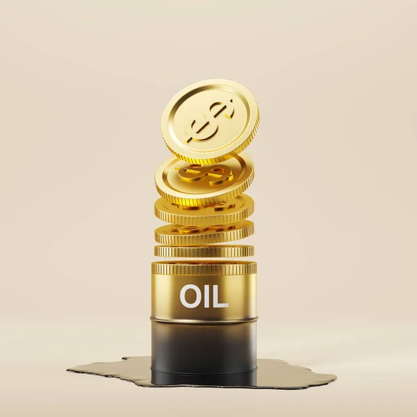 Large gold dollar coins falling and oil barrel on beige background. Concept of investment and gas. 3D rendering