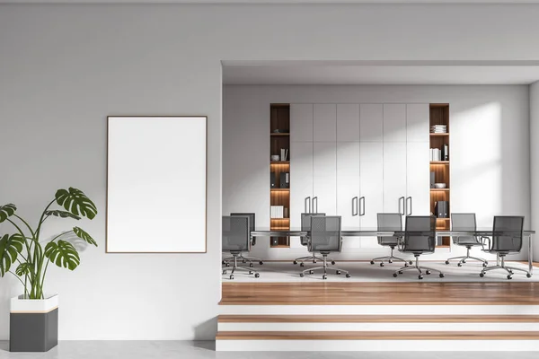 Front view on bright office room interior with empty white poster, conference board, armchairs, carpet, oak wooden floor. Concept of company, firm, meeting space. Mock up. 3d rendering