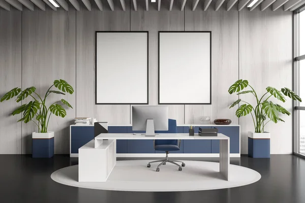 Front View Bright Office Room Interior Two Empty White Posters — Stock Photo, Image