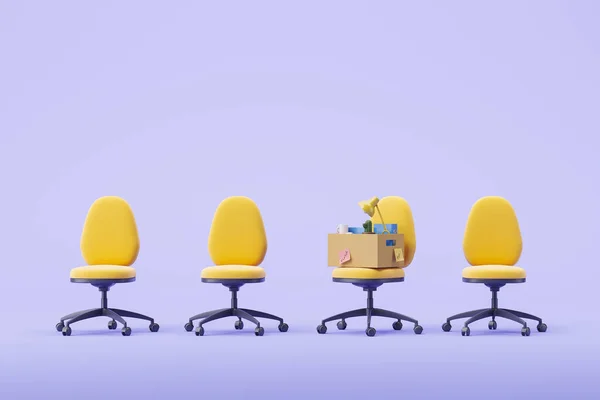 Желтые Офисные Кресла Картонная Коробка Канцелярскими Принадлежностями Пустой Фиолетовый Фон — стоковое фото
