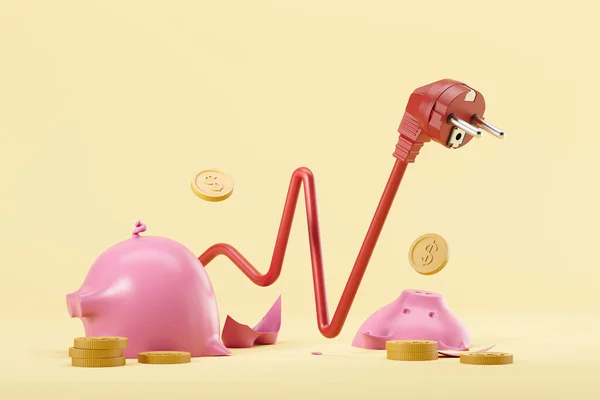 Red cord, abstract graph line and broken piggy bank with dollar coins, yellow background. Concept of electricity and crisis. 3D rendering