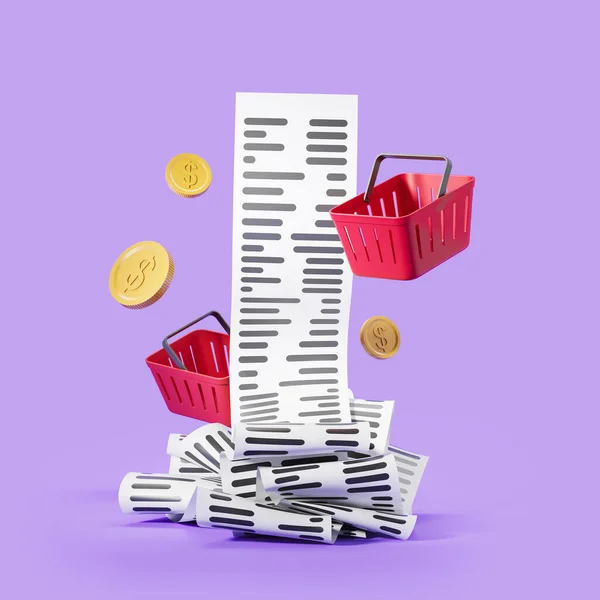 紫色の背景に長いスーパーマーケットの法案と2つの赤いショッピングバスケット ドル硬貨の下落 小売と支払いの概念 3Dレンダリング — ストック写真