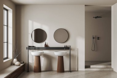 Parlak banyo manzarası çift lavabo, iki yuvarlak ayna, pencere, duş, beyaz duvarlar, sıvı sabun, beton döşeme. Su arıtma kavramı. 3d oluşturma