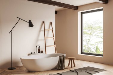 Parke zeminde banyo küveti ve halı olan bej bir banyo. Dışkı ve havlu merdiveni olan banyo köşesi, tropik bölgelerde panoramik pencere. 3B görüntüleme