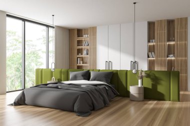 Şık bir yatak odası iç yatağı ve dekorlu bir raf, ahşap zeminde yan görünüş. Yeşil aksan duvarlı ve tropik bölgelerde panoramik pencereli uyuyan köşe. 3B görüntüleme