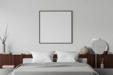 Parlak yatak odasının önü boş beyaz poster, yatak odası, başucu, kitaplarla dolu raf, yuvarlak ayna, beyaz duvar. Minimalist tasarım, rahatlama ve rahatlama kavramı. Model yap. 3d oluşturma