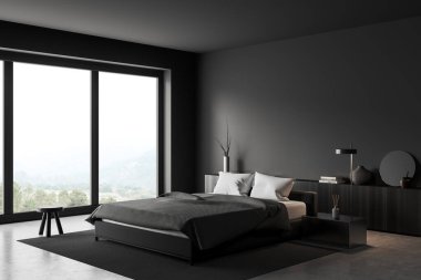 Karanlık yatak odasının içi halıda yatak, yan görüş gri beton zemin. Süslü ve tüllü uyku köşesi. Kırsal kesimde panoramik pencere. Kopya uzay duvarı. 3B görüntüleme