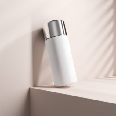 Aydınlık kum podyumunda soyut gölgesi olan beyaz bir şişe. Parfüm ve kozmetik kavramı. Ürün gösterimi için bir model. 3B görüntüleme