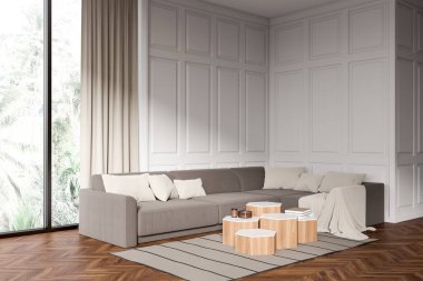 Beyaz oturma odasının içinde kanepe ve halıda sehpa, yan manzaralı ahşap zemin. Tropik bölgelerde panoramik pencerelerle rahatlamak. 3B görüntüleme