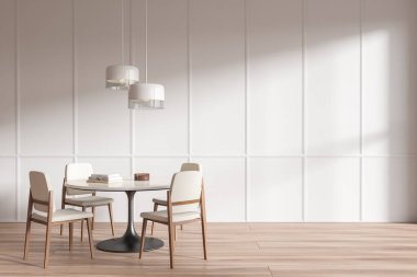 İçi yuvarlak masa ve koltuklarla dolu aydınlık toplantı odası zemin, lamba ve kitaplar. Uzay kalıbı duvarını kopyala. 3B görüntüleme