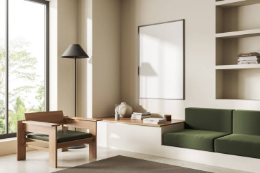 Parlak oturma odasının iç tarafında boş beyaz poster, koltuk, kanepe, raf, panoramik pencere, beyaz duvar, beton zemin. Minimalist tasarım. Buluşma yeri. Model yap. 3d oluşturma