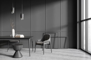 Loş yemek odasının önü masa, koltuk, panoramik pencere, kitaplar, sehpa, gri duvar, beton zemin. Minimalist tasarım kavramı. Buluşma yeri. 3d oluşturma
