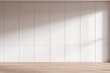 Parlak, boş, beyaz duvarlı, meşe ağacından ahşap döşemeli bir oda. Yaratıcı fikir için yaratılmış geniş bir yer kavramı. 3d oluşturma