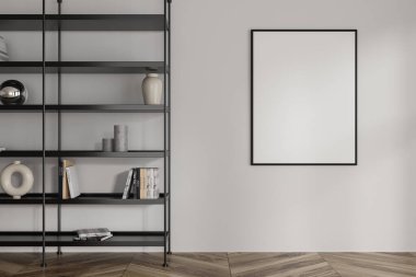 Boş beyaz posterli, içi boş bir oda, beyaz duvar, kitaplarla dolu raflar, meşe ağacından ahşap zemin. Yaratıcı fikir için yaratılmış geniş bir yer kavramı. Model yap. 3d oluşturma