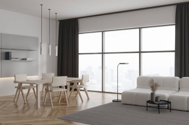 Beyaz oturma odasının içinde yemek masası ve sandalyeler, halıda sehpa ve ahşap zemin olan yan manzaralı kanepe. Gökdelenlerin panoramik penceresi. 3B görüntüleme