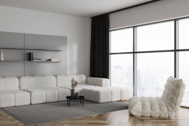 Parlak oturma odasının içi kanepe, panoramik pencere, koltuk, raf, panoramik pencere, beyaz duvar, ahşap zemin. Minimalist tasarım kavramı. Buluşma yeri. 3d oluşturma