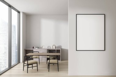 Beyaz oturma odasının içinde yemek masası ve sandalyeler, ahşap zeminde bir çekmece. Gökdelenlerin panoramik penceresi. Bölümde boş bir poster var. 3B görüntüleme
