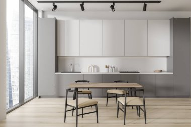 Beyaz mutfak, sandalyeler ve ahşap zeminde yemek masası. Gökdelenlerde panoramik pencereli yemek pişirme ve yeme alanı. 3B görüntüleme