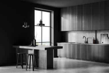 Koyu renk mutfak odasının iç tarafı, panoramik pencere, bar taburesi, dolap, gri duvar, beton zemin, gaz ocağı, lavabo, yemek masaları. Minimalist tasarım kavramı. 3d oluşturma
