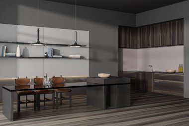 Karanlık mutfak, yemek masası, sandalyeler, yan görüş. Mutfak eşyaları, raflarda şık dekorasyonlar ve modern mobilyalar. 3B görüntüleme