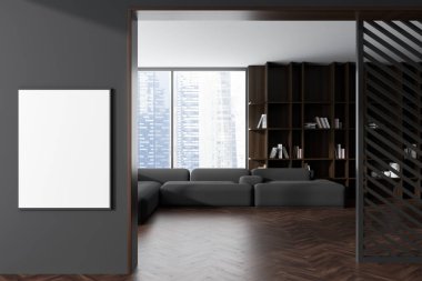 Karanlık oturma odasının içi kanepe ve dekorasyonlu raf, ahşap zemin. Yumuşak bir yer ve gökdelenlerin panoramik penceresi. Bölümde bir tuval posteri var. 3B görüntüleme