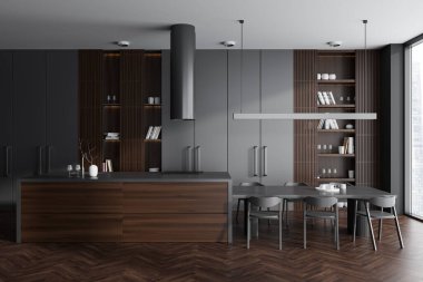 Karanlık mutfak, yemek masası ve ahşap zeminde sandalyeler. Bar adası ve raf dekorasyonlu, gökdelenlerde panoramik pencere. 3B görüntüleme