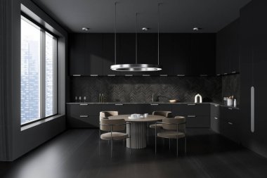 Karanlık mutfak odasının önü panoramik pencere, yemek masası, buzdolabı, gri duvar, ahşap zemin, elektrikli fırın, yemek envanteri. Minimalist tasarım kavramı. 3d oluşturma