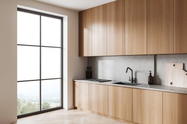 Parlak mutfak odasının içi panoramik pencere, dolap, beyaz duvar, meşe ağacından ahşap döşeme, gaz ocağı, yemek envanteri, masalar. Minimalist tasarım kavramı. 3d oluşturma