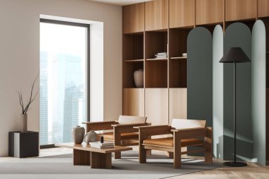 Parlak oturma odasının iç tarafında koltuk, panoramik pencere, çanak çömlek, kitaplar, beyaz duvar, sehpa, ahşap zemin. Minimalist tasarım kavramı. Buluşma yeri. 3d oluşturma