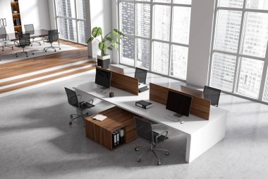 Parlak ofis odasının içi bilgisayar, masa, koltuk, toplantı tahtası, panoramik pencere, beton zemin. Şirket kavramı, şirket, toplantı alanı. 3d oluşturma