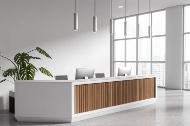 Parlak ofis odası manzarası resepsiyon, masaüstü, masa, koltuk, panoramik pencere şehir manzaralı, beton zemin, bitki. Şirket kavramı, şirket, toplantı alanı. 3d oluşturma