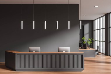 Karanlık resepsiyonda bilgisayar ve koltuklar parke zeminde. Gökdelenlerin panoramik penceresiyle birlikte çalışan bir iş yeri. 3B görüntüleme