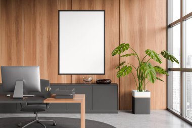 Karanlık ofis odasının önü boş beyaz poster, masa üstü, koltuk, panoramik pencere şehir manzaralı beton zemin. Şirket, şirket, yönetici çalışma alanı kavramı. Model yap. 3d oluşturma