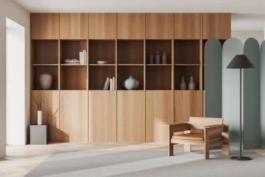 Aydınlık oturma odası koltuğu ve dekorasyonu olan, ahşap döşemeli halı. Ahşap rafı ve bölmesi olan modern rahatlama alanı. 3B görüntüleme