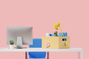 Bilgisayarlı çalışma alanı ve paketlenmiş karton kutu, üzerinde pembe boş arkaplan etiketleri olan ofis malzemeleri. İş kaybı ve kovulma kavramı. Uzayı kopyala 3B görüntüleme