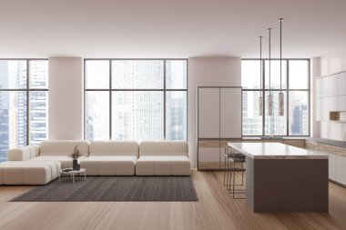 Ada, kanepe, bar taburesi, dolap, beyaz duvar, meşe ağacından ahşap döşeme, panoramik pencere, envanter. Minimalist tasarım kavramı. 3d oluşturma