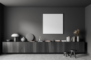 Karanlık oturma odasının ön tarafı boş beyaz poster, büfe, kitaplar, gri duvar, beton zemin. Minimalist tasarım kavramı. Buluşma yeri. 3d oluşturma