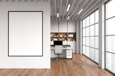 Koltuk, masa ve ahşap zemin üzerinde bilgisayar ile birlikte çalışan beyaz bir iç mekan. Gökdelenlerde rafı ve panoramik penceresi olan modern bir iş yeri. Model poster. 3B görüntüleme